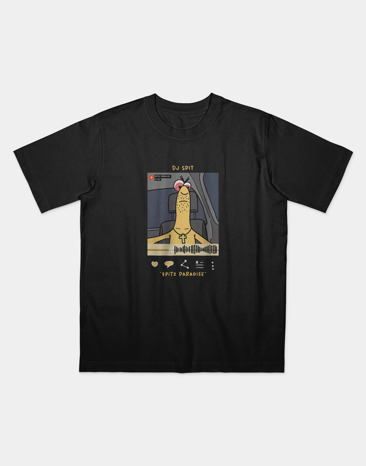 Black t-shirt featuring a cartoon design of a character named “DJ Spit” sitting in a car, styled like a music streaming interface. The illustration includes social media-style icons and the text “Spitz Paradise” below a waveform graphic.