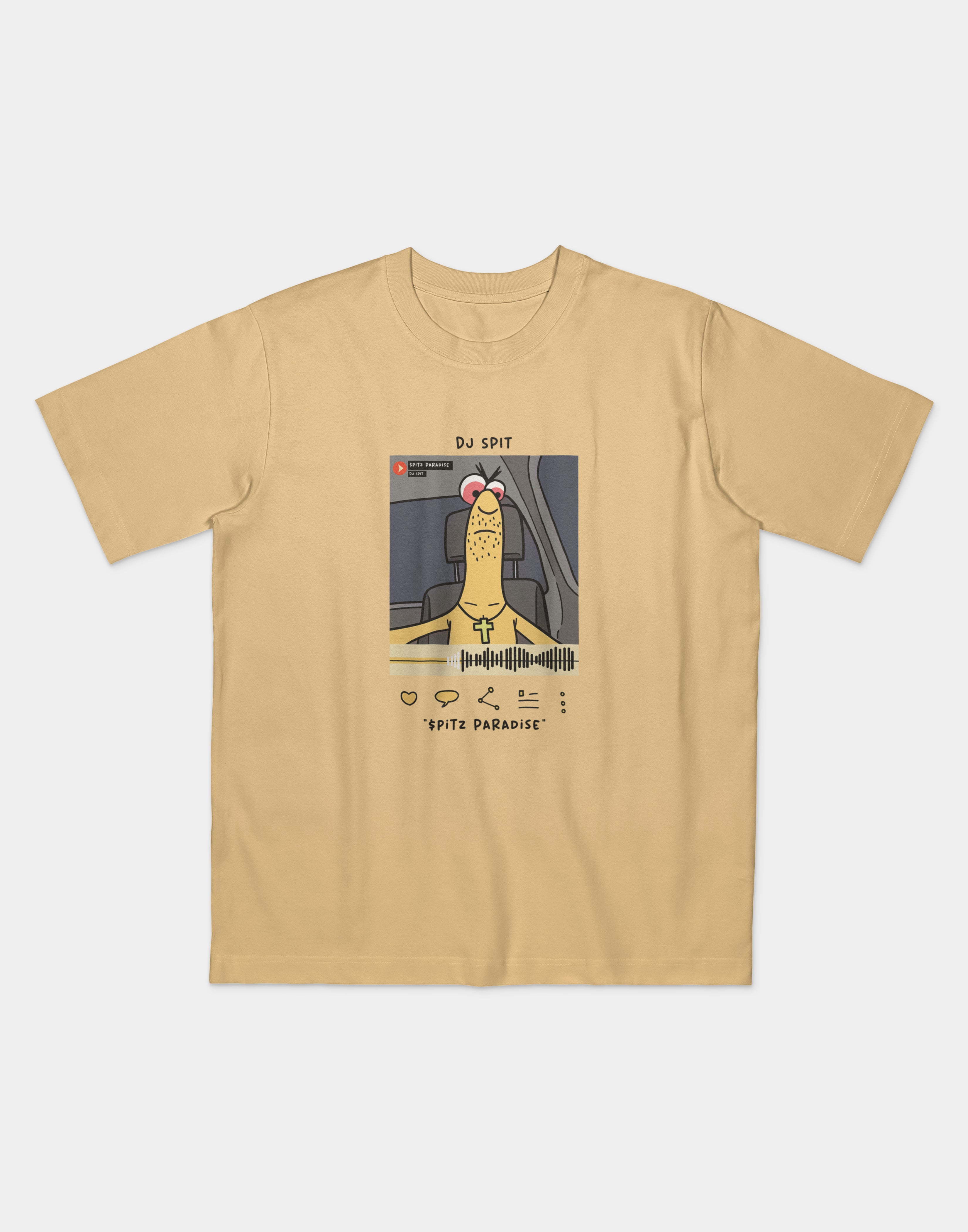 Natural t-shirt featuring a cartoon design of a character named “DJ Spit” sitting in a car, styled like a music streaming interface. The illustration includes social media-style icons and the text “Spitz Paradise” below a waveform graphic.