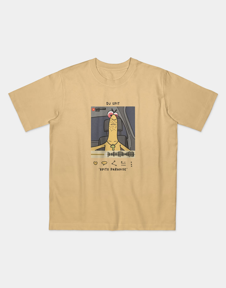 Natural t-shirt featuring a cartoon design of a character named “DJ Spit” sitting in a car, styled like a music streaming interface. The illustration includes social media-style icons and the text “Spitz Paradise” below a waveform graphic.