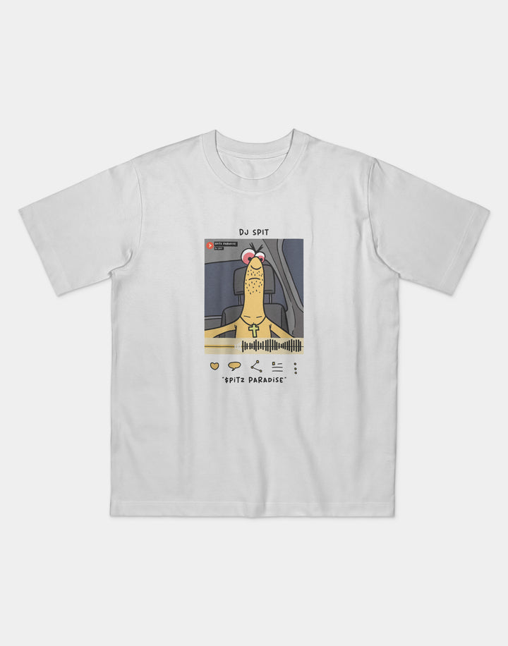 White t-shirt featuring a cartoon design of a character named “DJ Spit” sitting in a car, styled like a music streaming interface. The illustration includes social media-style icons and the text “Spitz Paradise” below a waveform graphic.
