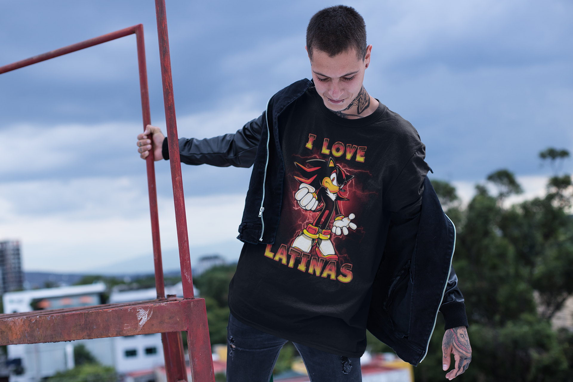 Man wearing a t-shirt with Shadow the Hedgehog. The words "I Love Latinas" are written across the shirt.